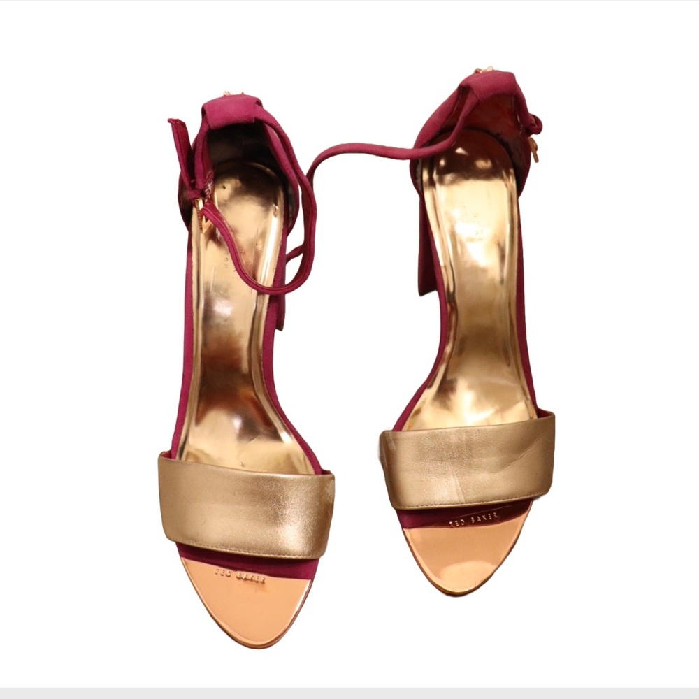 Ted Baker pink suede and rose gold metallic platform heels